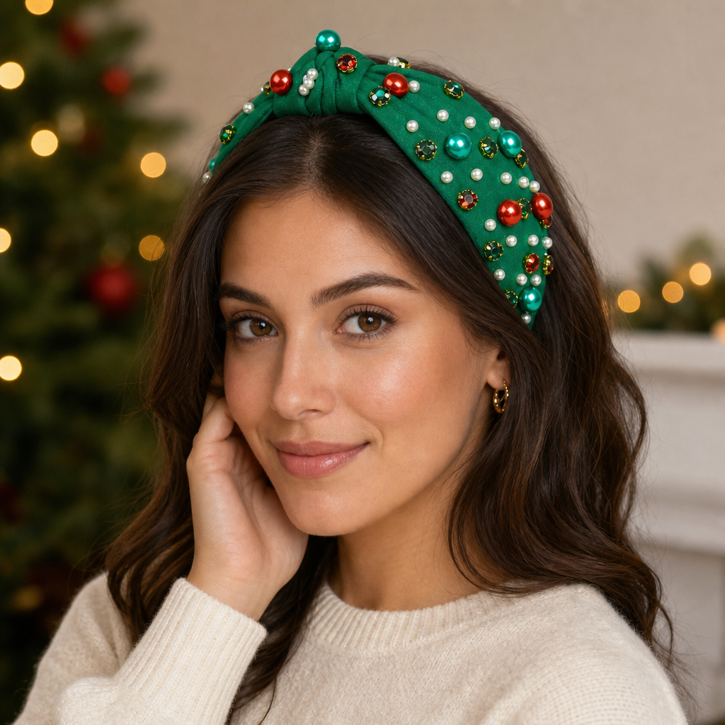 Christmas Headbands for Women Christmas Hair Accessories Christmas Outfits Christmas Knotted Headbands with Pearls Rhinestones Holiday Head Band for Women’s Hair Festive Headpieces Christmas Gifts