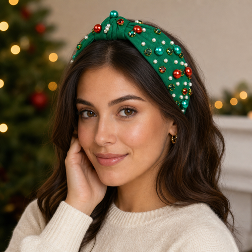 Christmas Headbands for Women Christmas Hair Accessories Christmas Outfits Christmas Knotted Headbands with Pearls Rhinestones Holiday Head Band for Women’s Hair Festive Headpieces Christmas Gifts
